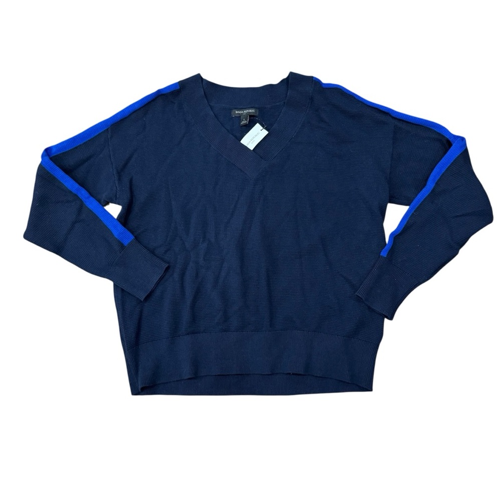 Banana Republic Factory Navy V-Neck Sweater with Blue Stripes